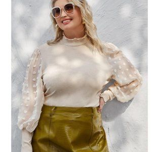 Swiss Dot Lantern Sleeve Rib-knit Top